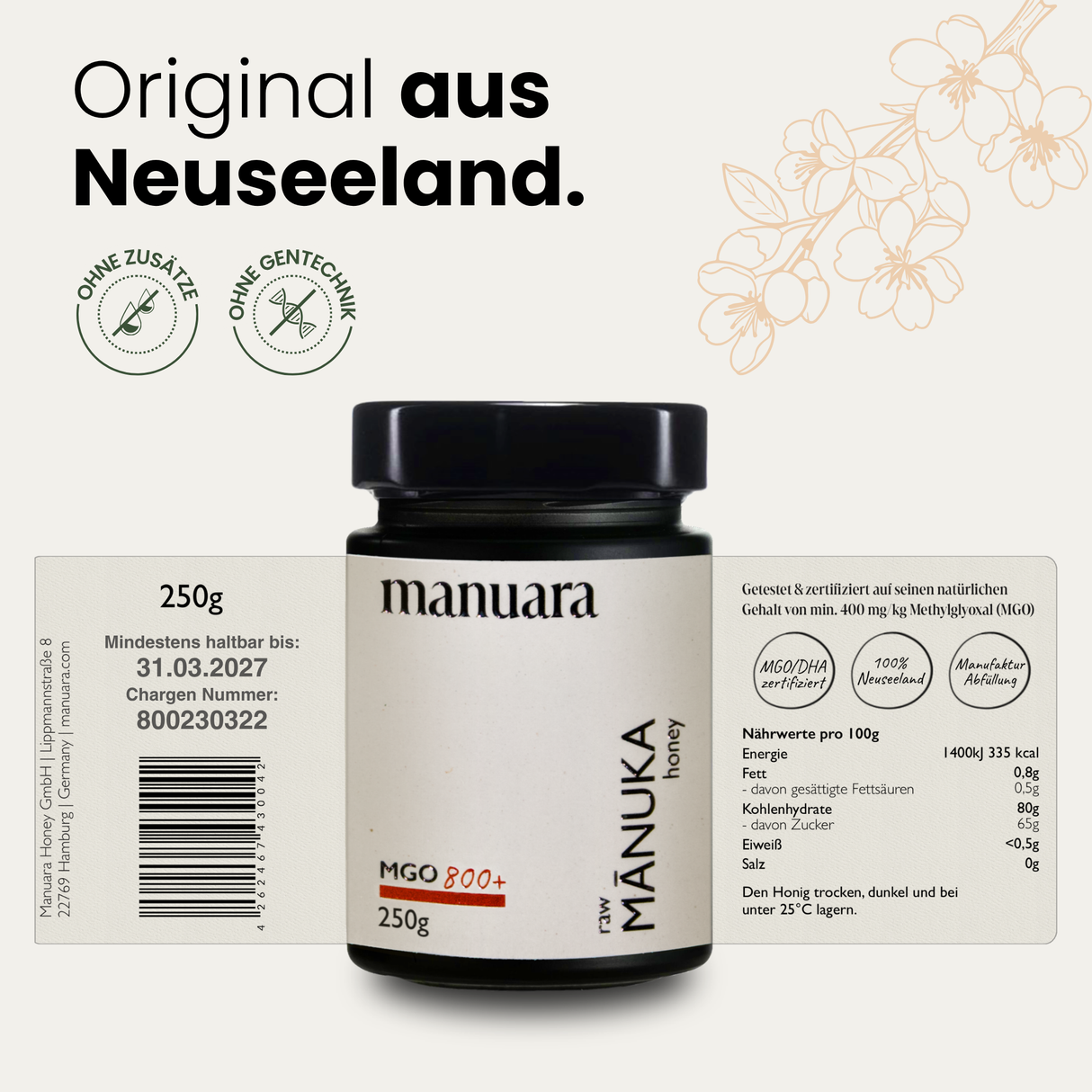 Premium Manuka-Honig MGO 800+ im lichtundurchlässigen Glas