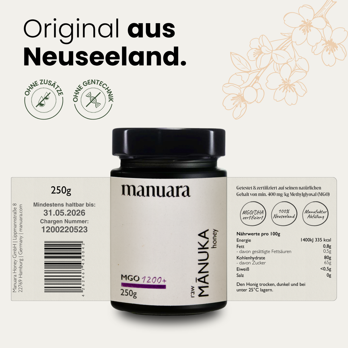 Premium Manuka-Honig MGO 1200+ im lichtundurchlässigen Glas